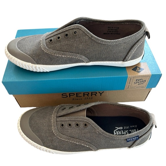 Sperry Sayel Clew Waxy Canvas Taupe Sz 7 1/2 - Picture 1 of 15